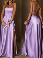 Women'S Elegant Solid Satin Cami Dress with Sexy Back Tie And Side Slit, High-End Evening Party Wedding Guest Gown - Light Purple