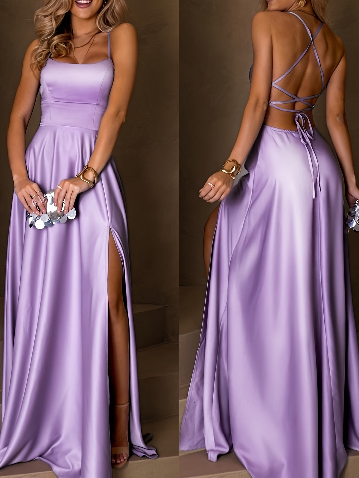 Women'S Elegant Solid Satin Cami Dress with Sexy Back Tie And Side Slit, High-End Evening Party Wedding Guest Gown - Light Purple