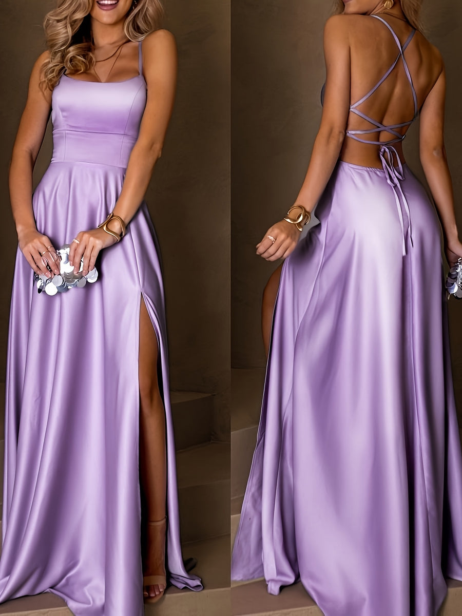 Women'S Elegant Solid Satin Cami Dress with Sexy Back Tie And Side Slit, High-End Evening Party Wedding Guest Gown - Light Purple