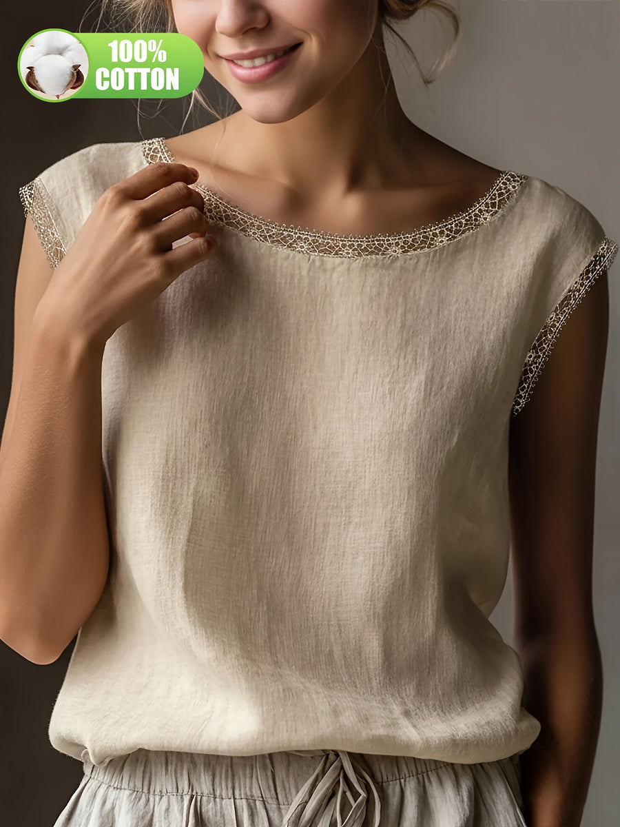Summer Women'S Literary All- Retro Shirt 100% Top Lace Hollow Collar Loose Casual Versatile Everyday ASD1 - Linen