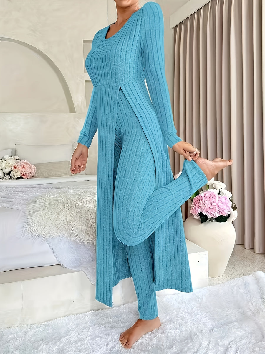 Autumn-Winter Casual Robe and Long Pants Set, High Slit Dress Set, Hair Needle Material, Suitable for Daily Wear, Home Casual Wear - Peacock Blue