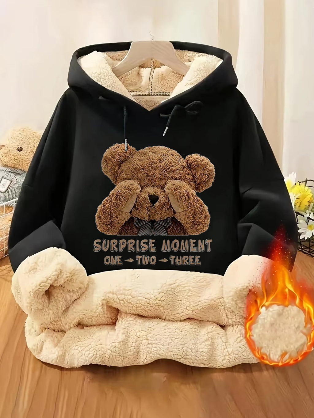 Plus Size - Plus Size - Autumn And Winter Lamb Fleece Hoodie, Fleece-Lined And Thickened, Warm Drawstring Hooded Printed Teddy Bear, Fashionable, Casual, Comfortable, Plus Size Women'S Clothing - Black