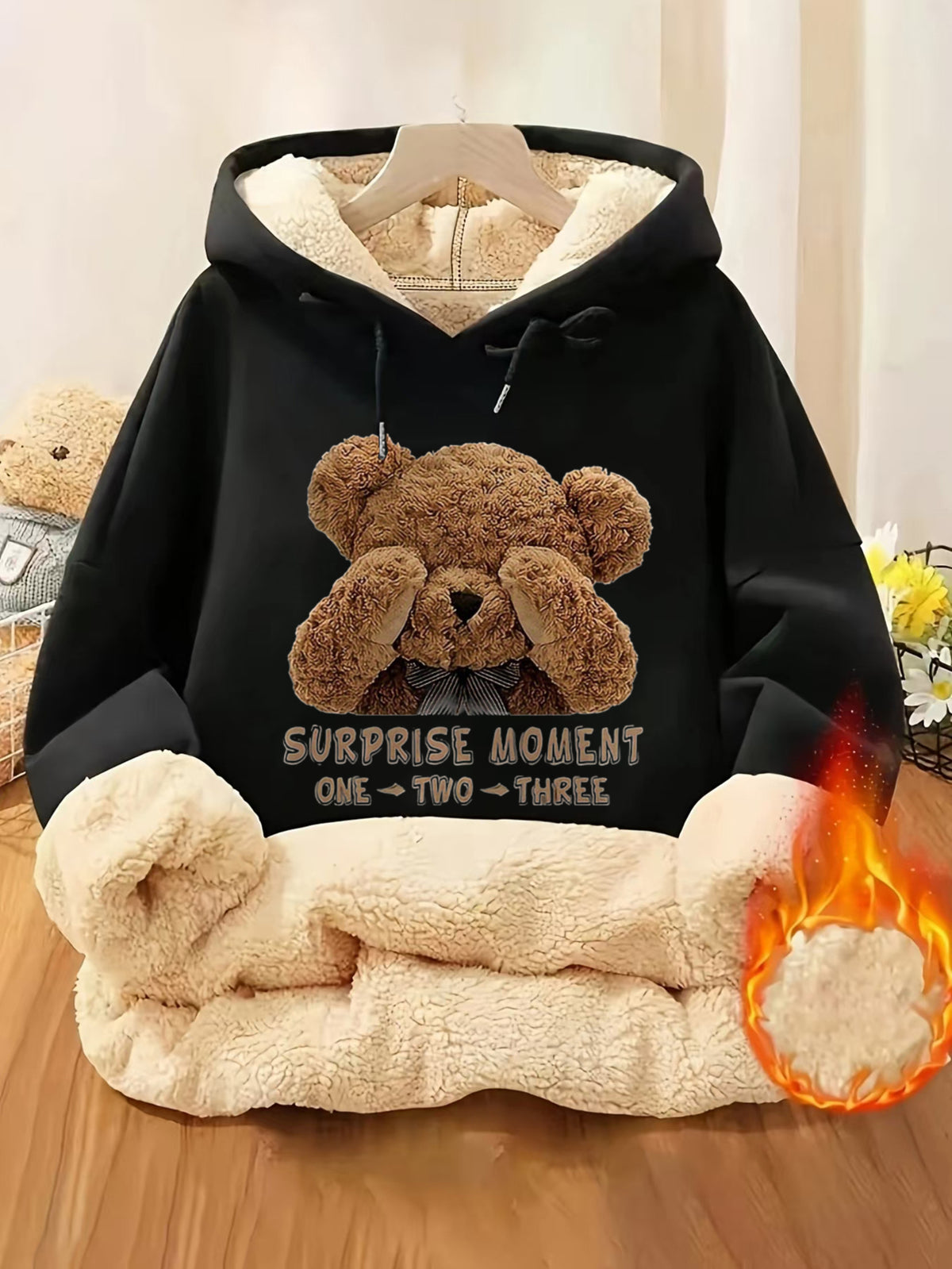 Plus Size - Plus Size - Autumn And Winter Lamb Fleece Hoodie, Fleece-Lined And Thickened, Warm Drawstring Hooded Printed Teddy Bear, Fashionable, Casual, Comfortable, Plus Size Women'S Clothing - Black