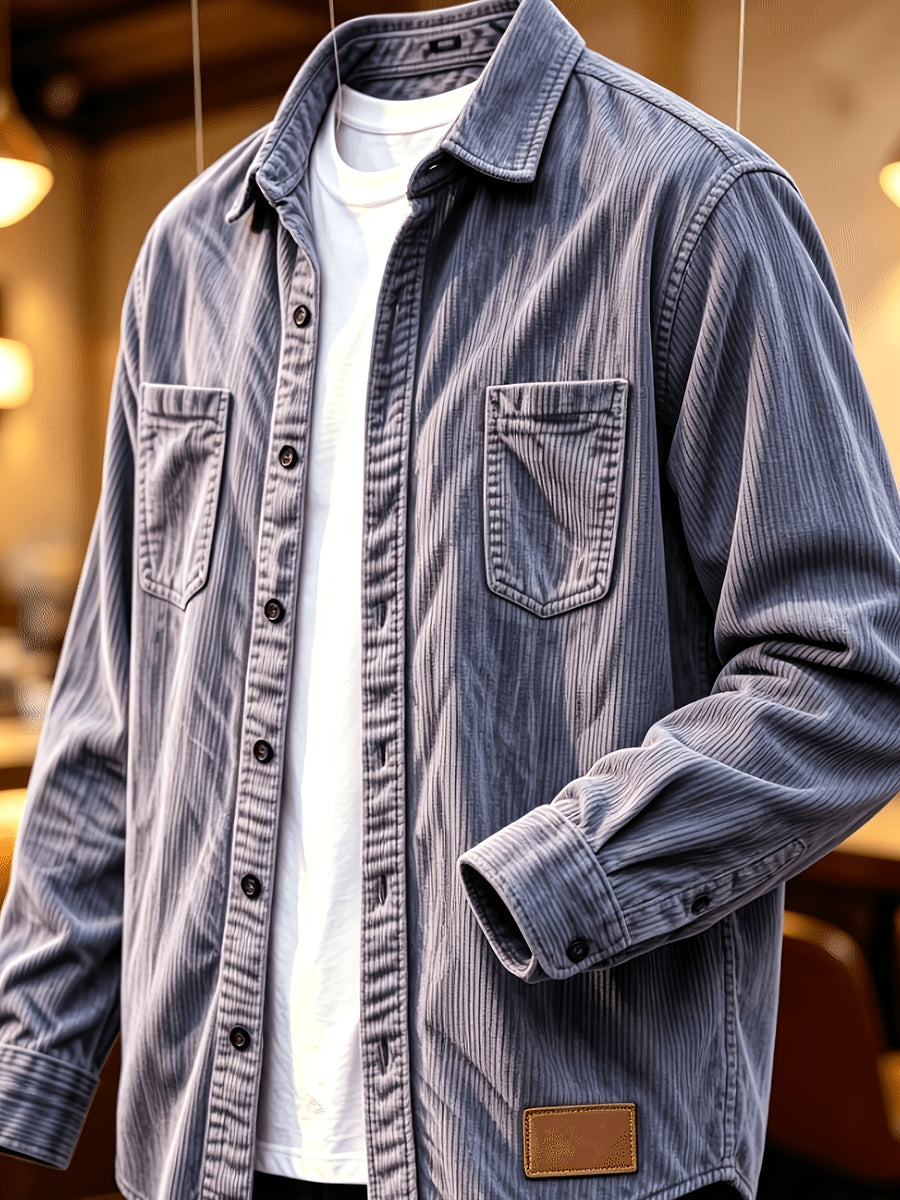 Men'S Fashion Corduroy Solid Color Lapel Shirt, Pocket Embellished Casual Open Front Blouse Men'S Top Shirt - Royal Blue