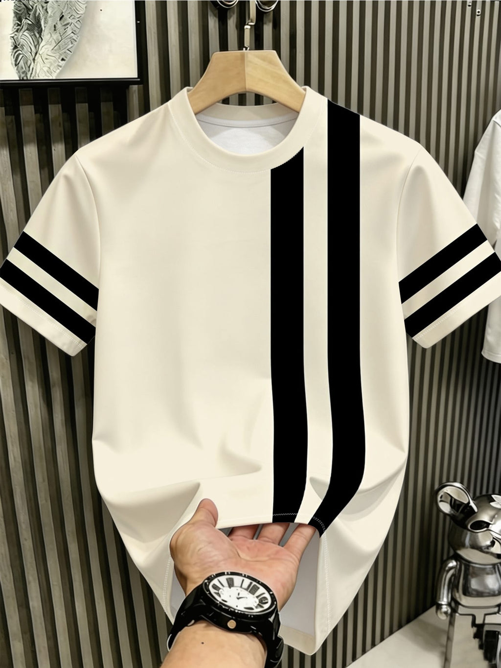 Trendy Contrast Striped Men'S Round Neck Short Sleeve T-Shirt, Easy Fashion Daily Casual Commute Short Sleeve Top, Individual Vertical Stripes And Sleeve Double Stripes Design Youth Versatile Slim Short Sleeve - Mixed colors