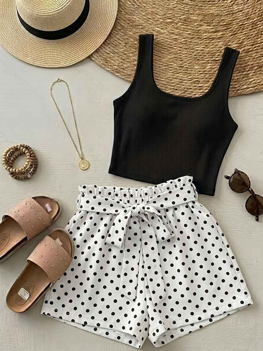 Summer Vacation Style Bright Orange Camisole + Tie-Side Shorts 2pcs Set - Black suspender top + white polka dot shorts