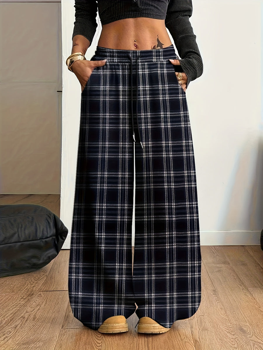 Women'S Plaid Wide-Leg Pocket Drawstring Casual Fashion Fall Winter Trousers - Navy Color