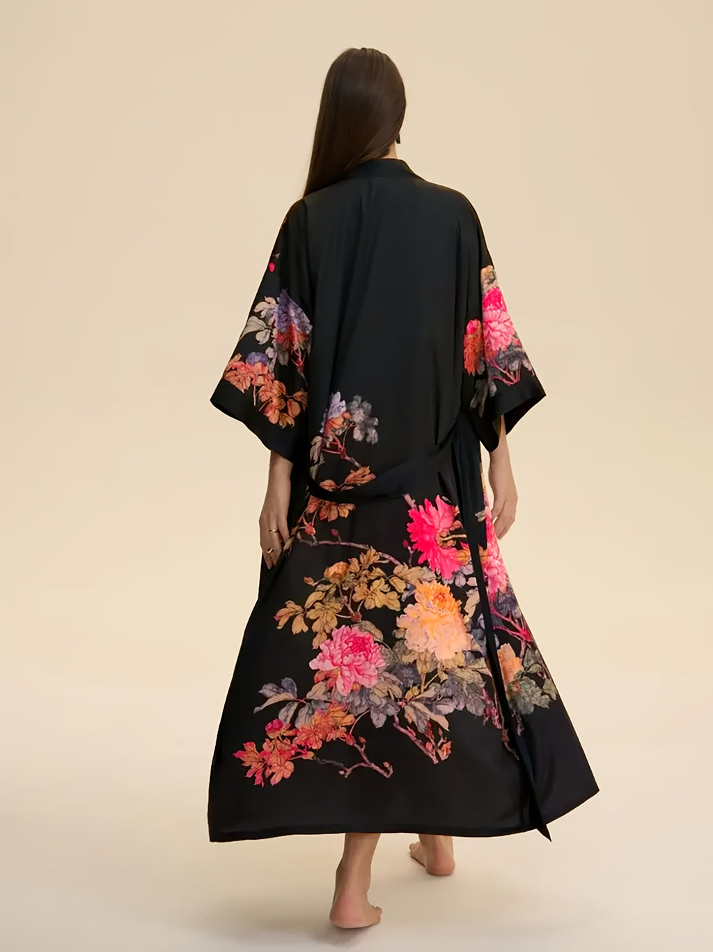 Japanese-style Rose Print Mid-length Three-quarter Sleeve Kimono Cardigan, Lightweight Outerwear for Women, Elegant European and American Ethnic-inspired Streetwear Casual Cover-up, Beach Vacation Travel Uchikake-style Thin Cape Coat, Home Yukata - Black