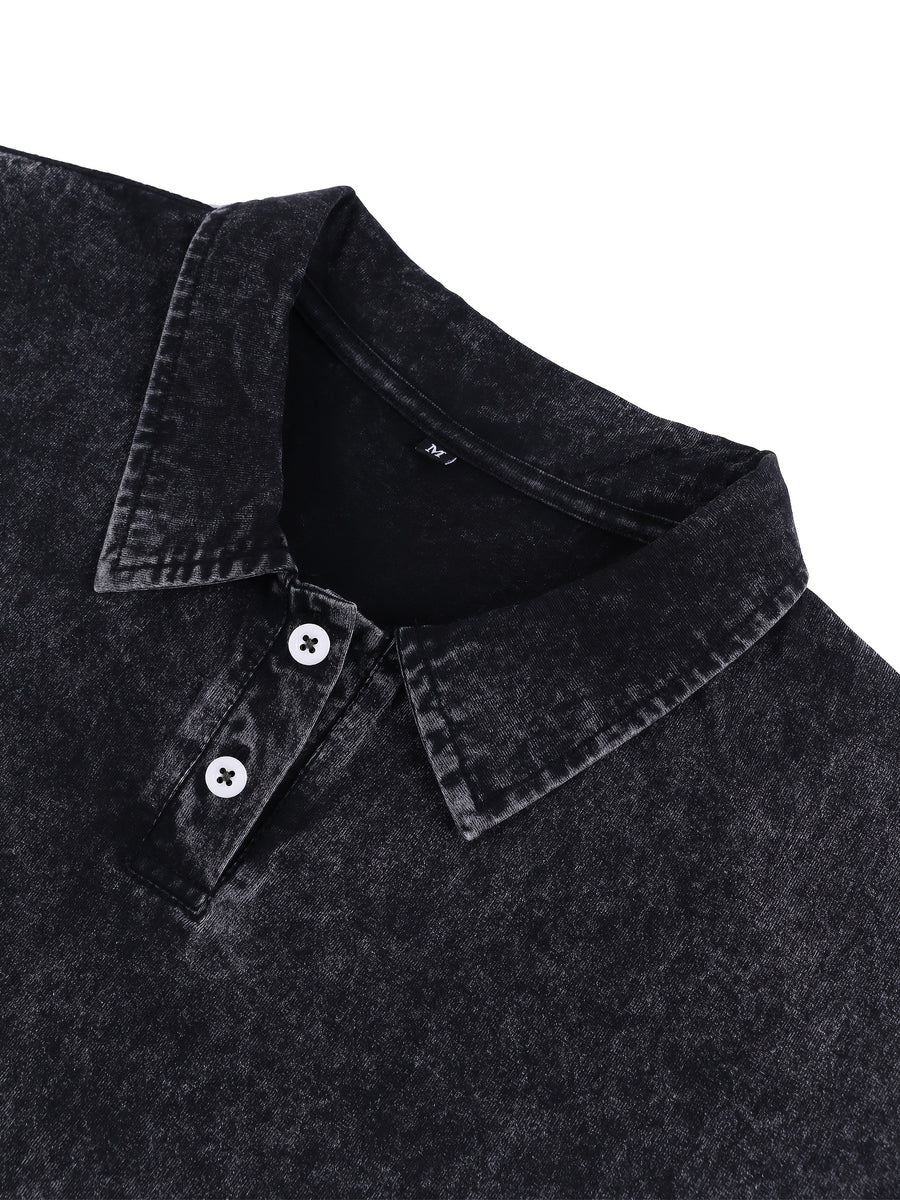 New American Hip-Hop Punk Style Washed Black Short Sleeve Lapel Loose Polo T-Shirt for Men And Women - Retro Distressed Design, Lightweight And Breathable Fabric, Streetwear Trendy Loose Polo Top, Suitable for Casual Wear And Outdoor Activities - Black