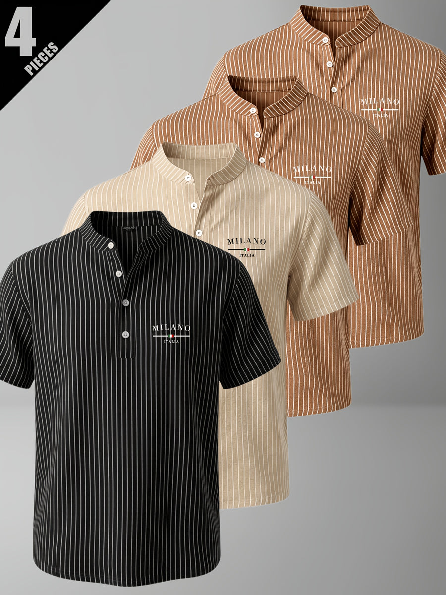 4pcs Men'S Summer Striped Linen Blend Henley Shirts, Milan Print Stand Collar Breathable Short Sleeve, Office Casual Versatile Top - Mixed Color 19