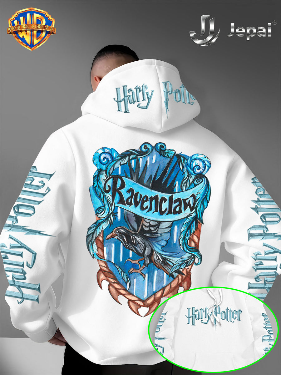 Warner Bros. Official, Trendy Cool American Street Style Harry Potter Badge Print Hooded Sweatshirt, Unisex American Street Style Long-Sleeve Top, Suitable for Daily and Outdoor Activities, an Excellent Warm Outerwear Choice for Autumn and Winter! - White