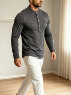 Men Spring Autumn Textured Mandarin Collar Henley 5-button Long Sleeve Top. Slim Soft Breathable Wrinkle-resistant Long Tee for Daily Business Commute & Casual Wear. - Dark Gray