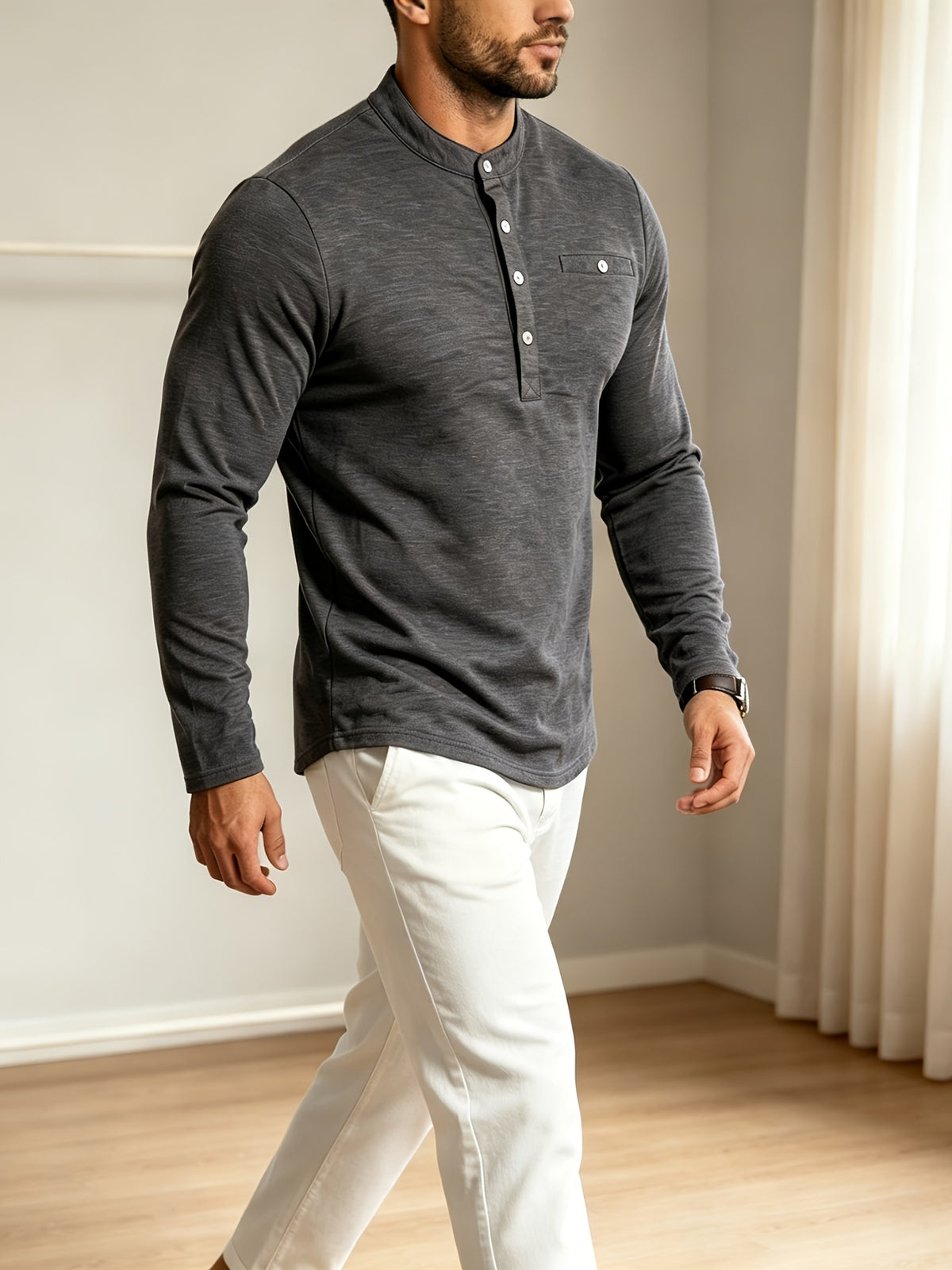 Men Spring Autumn Textured Mandarin Collar Henley 5-button Long Sleeve Top. Slim Soft Breathable Wrinkle-resistant Long Tee for Daily Business Commute & Casual Wear. - Dark Gray