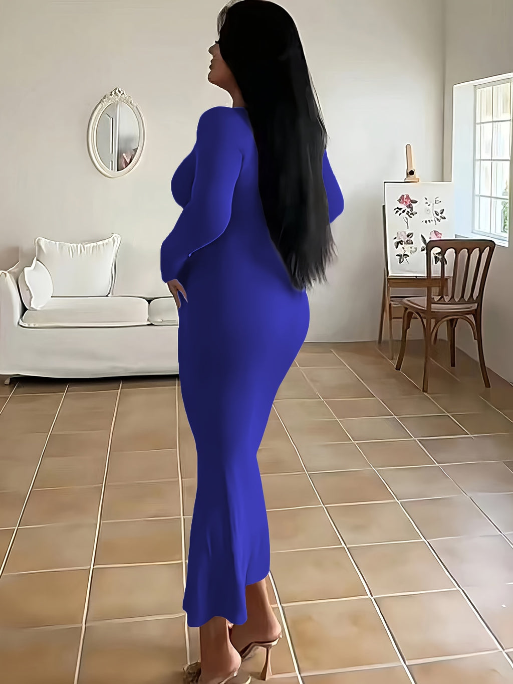 Tight Ultra-Long Women'S Autumn Long Sleeve Square Neck A-Line Sexy Bodycon Dress - Blue