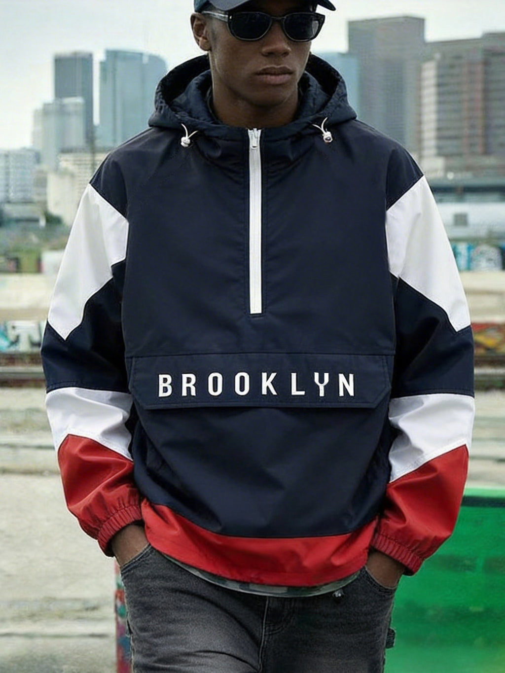 Men's American Streetwear Color-Block Half-Zip Hooded Jacket with Stand Collar & Letter Embroidery - Zippered Pullover Sweatshirt Suitable for Urban Fashion, Machine Washable, Casual Outerwear - Navy blue color
