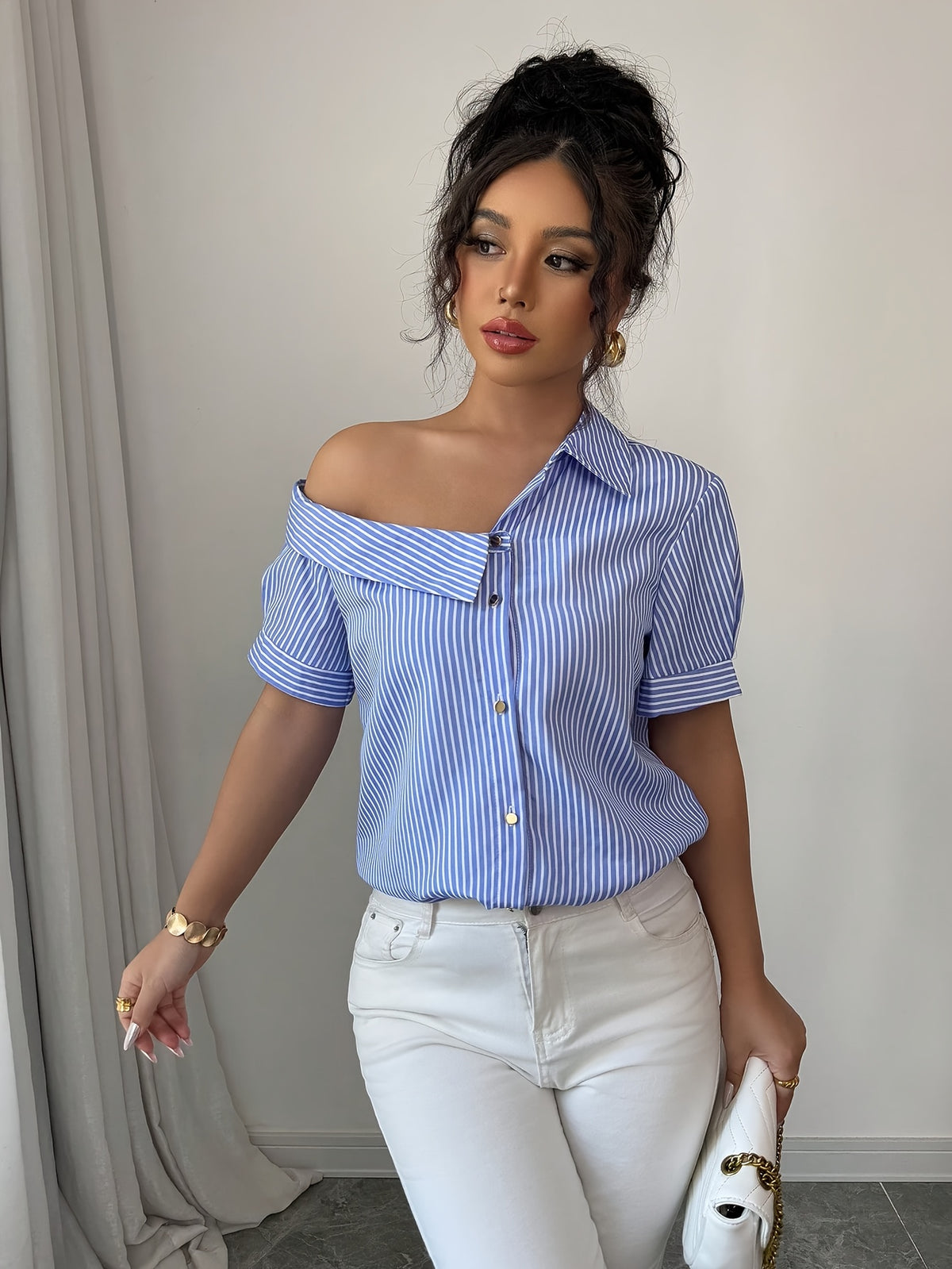 Casual Striped Off-the-Shoulder Shirt - Sky Blue