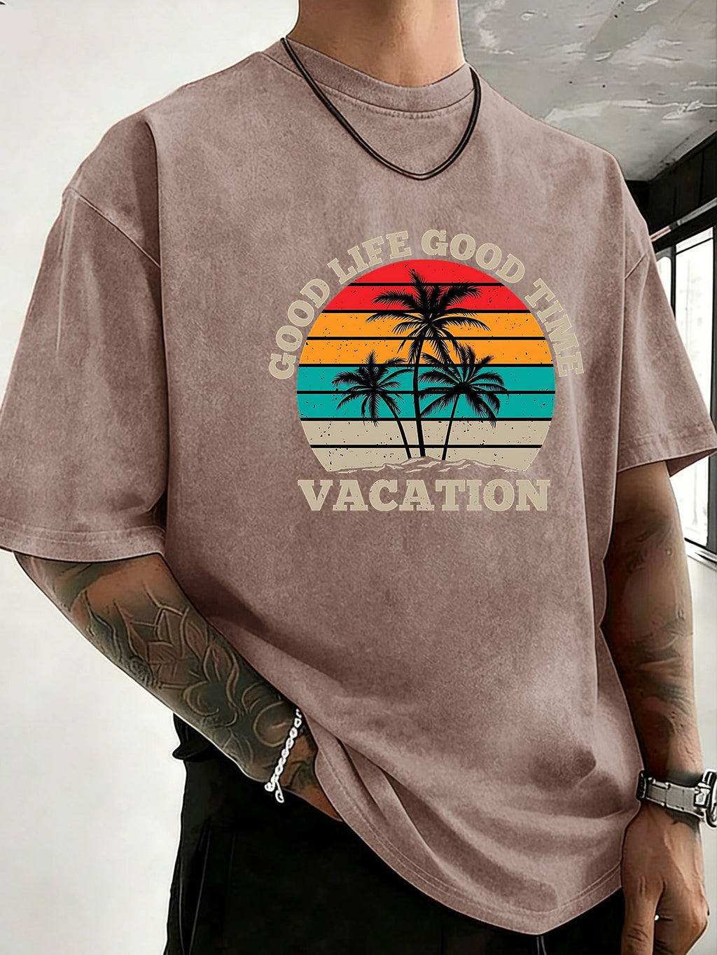 Loose Short Sleeve T-Shirt Men'S Heavyweight Pure Washed Distressed Top Trendy Double-Sided Print 12 Colors Free to Match Street Hip-Hop Style Casual Outing Sports Fitness Commuting Couple Style American Street Short Sleeve - Brown
