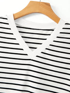 Women's Elegant V-Neck Striped T-Shirt - Soft Medium-Stretch Suitable for - Casual Blouse Striped Top, Machine Washable Non-Sheer V-Neck Shirt for Office, Layering & Casual Attire (Year-Round Wardrobe Essential) - White