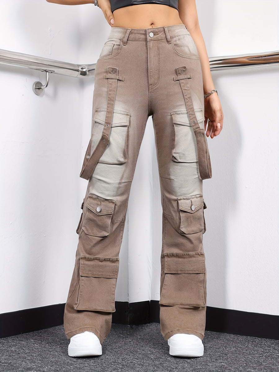 Women's High-Waisted Stretch Denim Cargo Pants with Multiple Pockets - Black Hip Hop Streetwear Style, Straight Leg Fit,, Perfect for Casual Outings, Spring Summer Pants | Cargo Style Jeans | Rugged Denim - Yellowish-brown