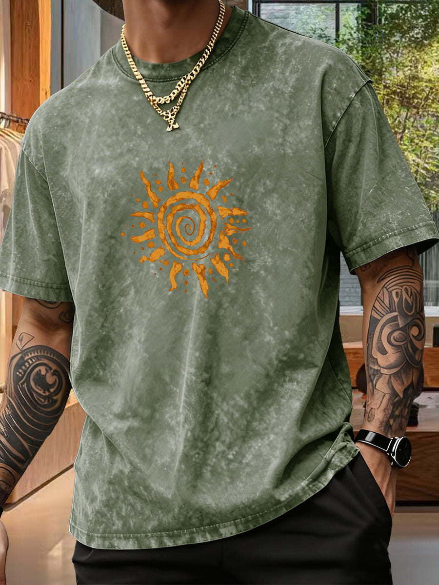 Men's Short-Sleeve T-Shirt, Pure Loose Fit Top, Trendy Reversible Double-Sided Swirl Sun Print, 12 Colors for Mix & Match, Washed Distressed American Street Style, Versatile for Daily Outings, Streetwear, Sports, Fitness, and Commuting - Olive Green