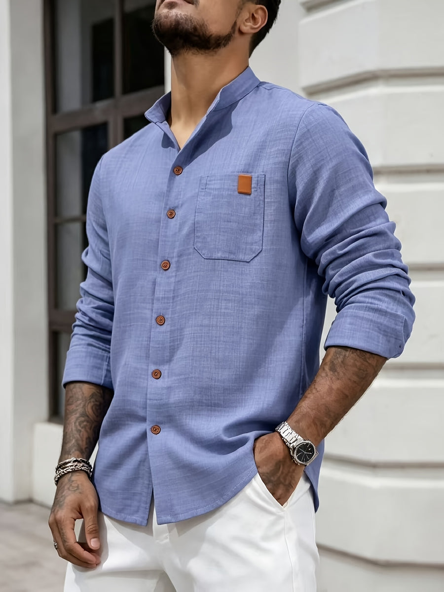 Men's Simple Solid Color Shirt with Stand Collar and Long Sleeves - Navy
