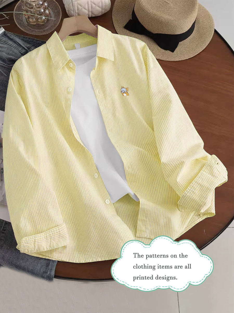Korean-style Versatile Minimalist Basic Men's Shirt with Fun Cartoon Print, Lapel Collar, Long Sleeves, and Thin Pinstripe Pattern for Daily Casual Wear - Yellow