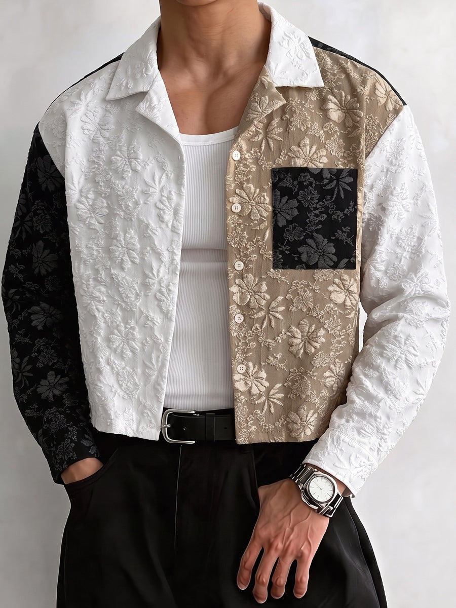 Men'S Shirt Contrast Color Patchwork Jacquard Fabric Trendy Fashion Casual Street New Short Length Spring Autumn Men'S Casual Shirt - Black