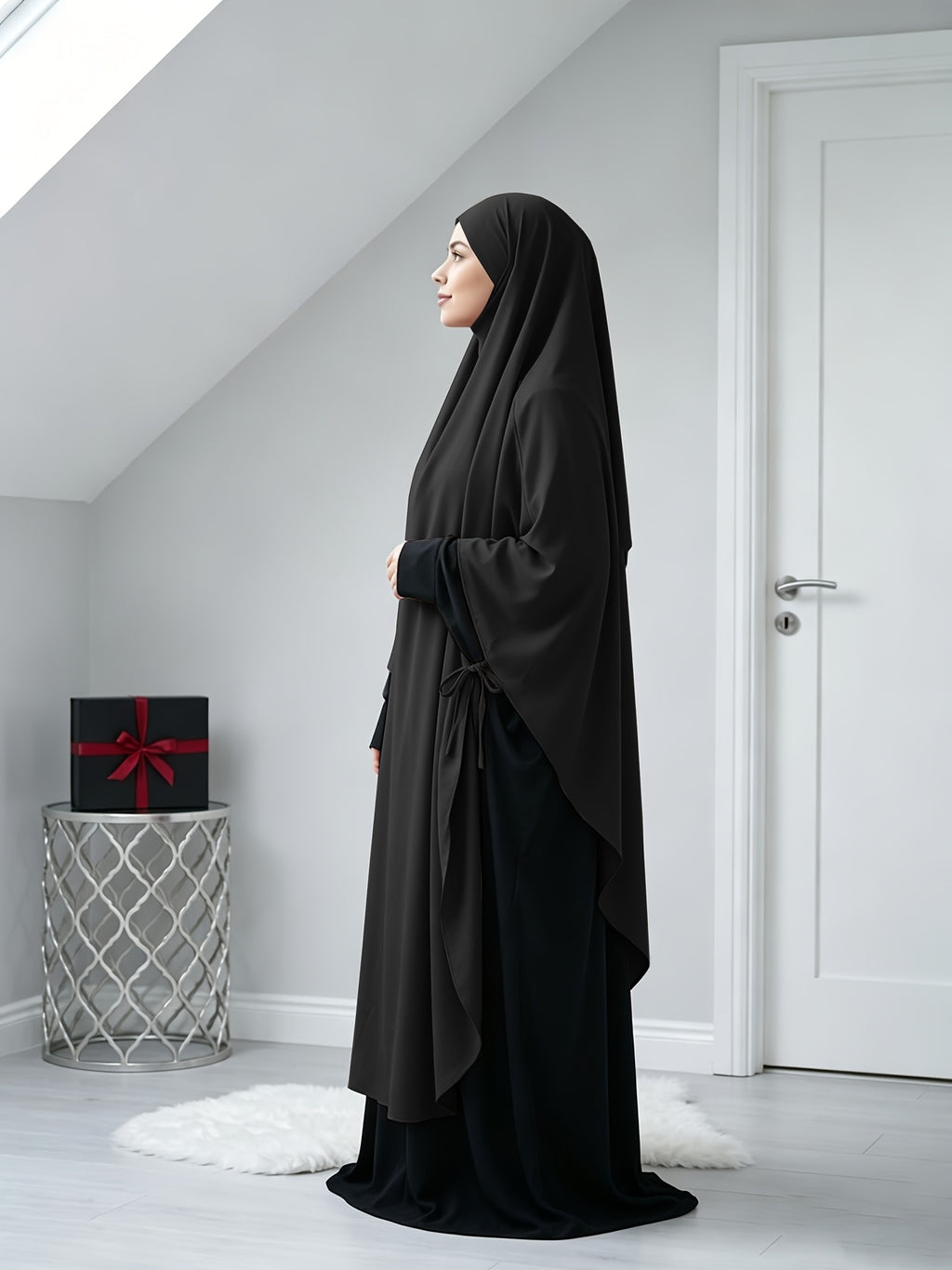 A Solid Color Nidaga Prayer Jilbab. The Fabric Is Skin-friendly and Breathable, Making It Suitable for Women to Wear and Pray Daily. The Robe Abaya Features a 1pc Design with a Khimar, Offering a Strong Drape and a Loose Fit, Ideal for Busy Daily - Black