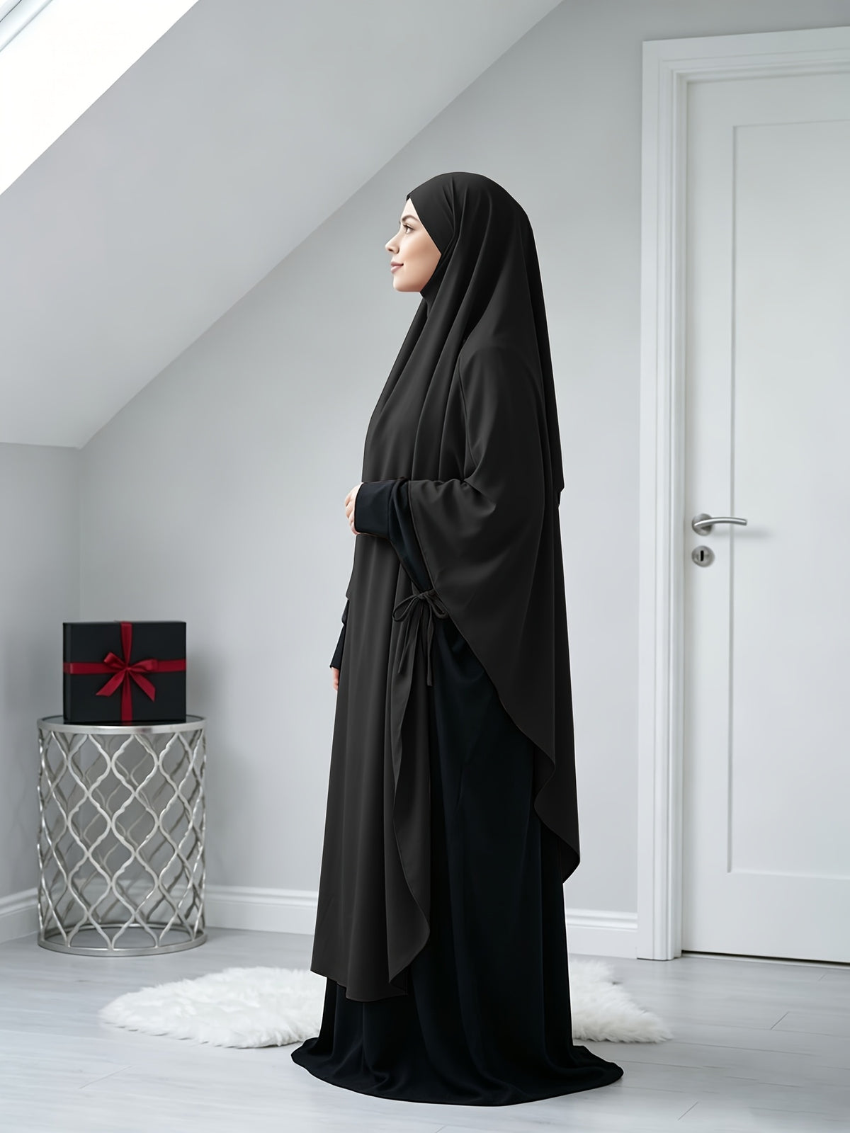 A Solid Color Nidaga Prayer Jilbab. The Fabric Is Skin-friendly and Breathable, Making It Suitable for Women to Wear and Pray Daily. The Robe Abaya Features a 1pc Design with a Khimar, Offering a Strong Drape and a Loose Fit, Ideal for Busy Daily - Black