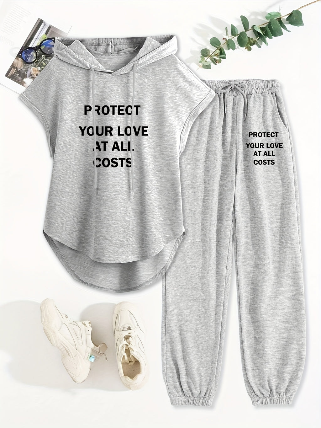Women'S Two-Piece Drawstring Sleeveless Hooded Top And Summer Letter Print Pants, Elastic Waist Casual Pants, Pants Set - Grey