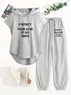 Women'S Two-Piece Drawstring Sleeveless Hooded Top And Summer Letter Print Pants, Elastic Waist Casual Pants, Pants Set - Grey