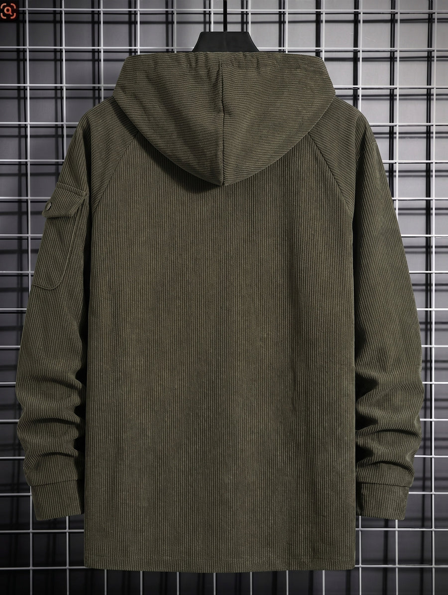 Christmas ! 1pc Men'S Corduroy Hooded Sweatshirt, Multi-Pocket Design, Retro Casual Style, Loose Fit, Ideal for Autumn/Winter Daily Outdoor Activities - fern green