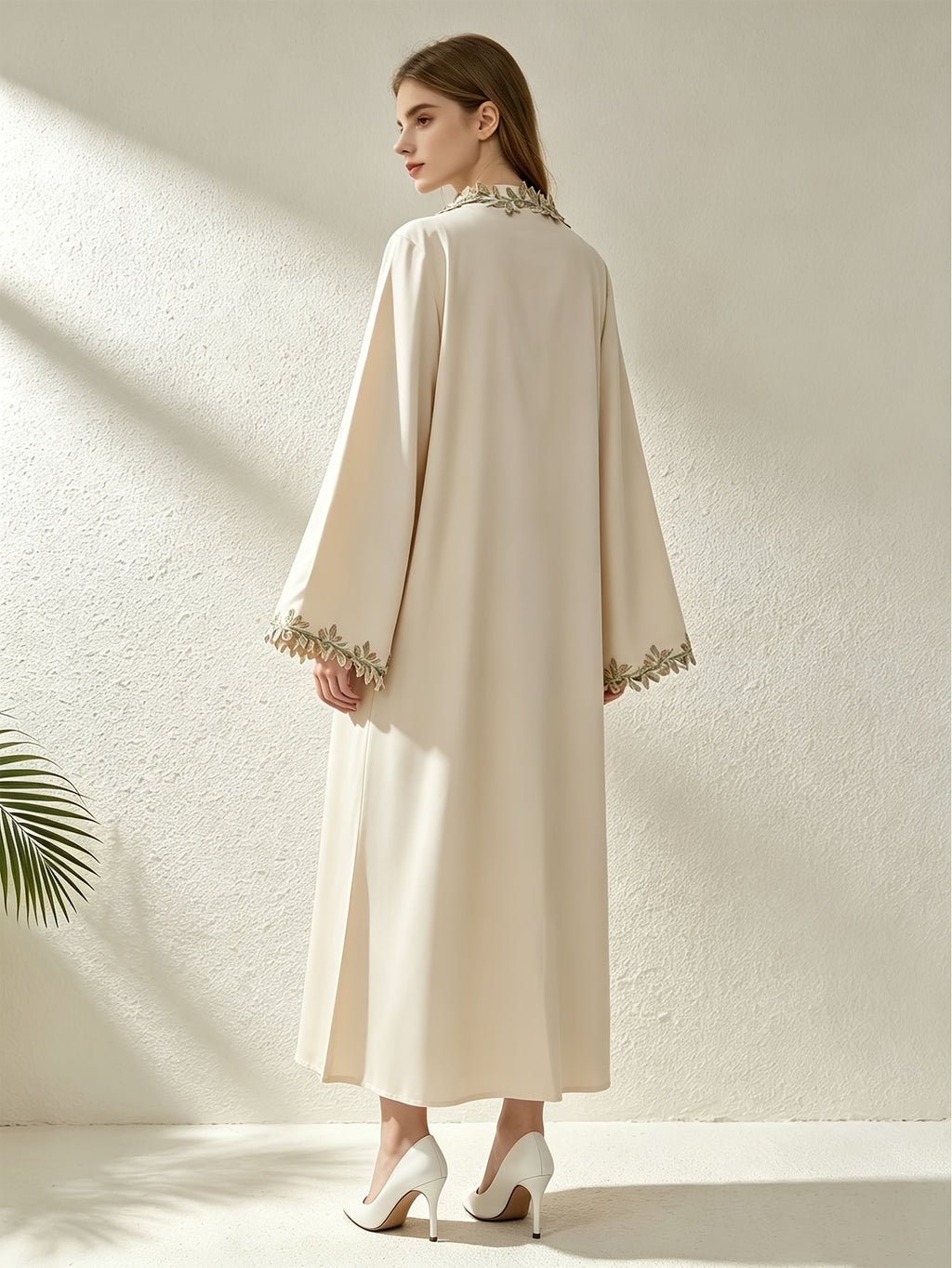 1pc Muslim Women's Arabic Robe - Elegant Middle Eastern Abaya Cardigan with 3 Floral Embroidery, Batwing Sleeves & Front Placket, Loose -Line Batwing Suitable for, Wedding Guest,, Daily Wear - Apricot