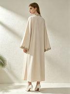 1pc Muslim Women's Arabic Robe - Elegant Middle Eastern Abaya Cardigan with 3 Floral Embroidery, Batwing Sleeves & Front Placket, Loose -Line Batwing Suitable for, Wedding Guest,, Daily Wear - Apricot