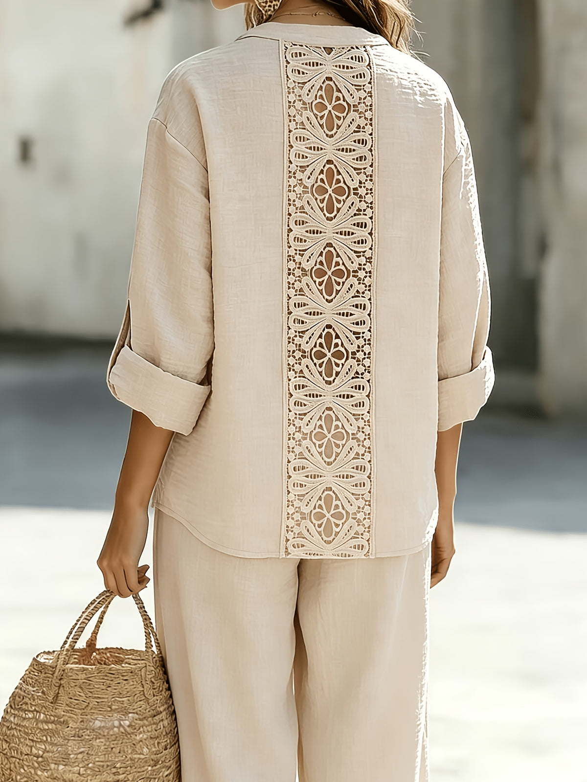 Spring/Summer Loose-Fit Shirt and Wide-Leg Pants 2pcs Set for Women, with Lace Cut-Out Back Design, a Lazy, Casual, and Commuter-Friendly Temperament Set 2A11794 - Apricot