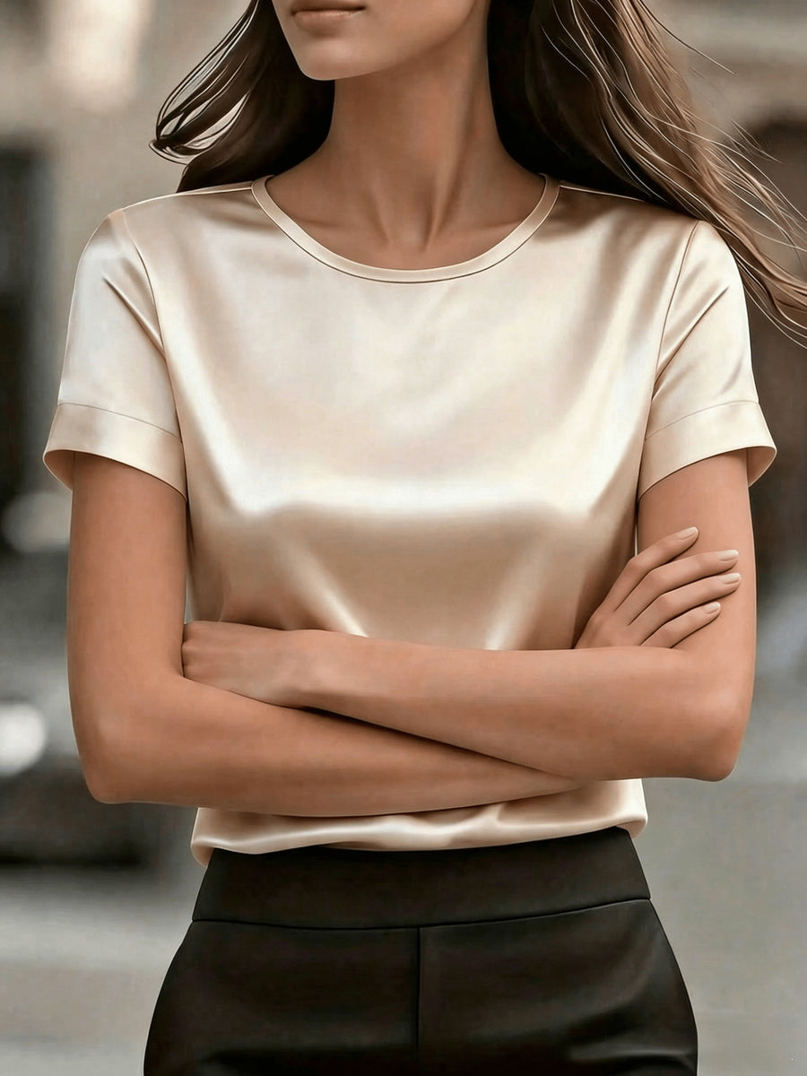 Women's Simple Round Neck Short Sleeve T-Shirt - Satin Texture, Ideal for Mother's Day & Independence Day Commute, Suitable for Spring & Summer Office & Casual Looks, Luxury Style Outfit - Apricot