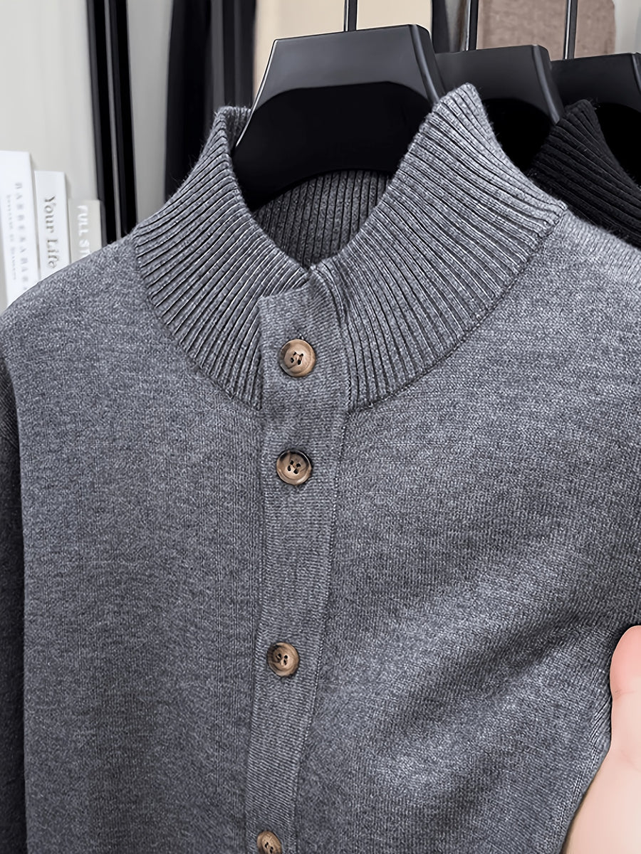 Men'S Solid Color Stand Collar Button-Up Sweater, Long Sleeve Fitted Knit Jacket, Soft Warm Blended Velvet Sweater Coat, Business Casual Daily Commute Fall Winter Outerwear, Classic Solid Color Men'S Knit Top - Lace Gray