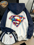 Men'S Drop Shoulder Color-Block Hooded Zipper Cardigan Sweatshirt, Multicolor Splatter Hand-Painted Superman Logo Print, Autumn/Winter Loose Contrast Striped Sporty Hoodie - Gray And Navy Blue