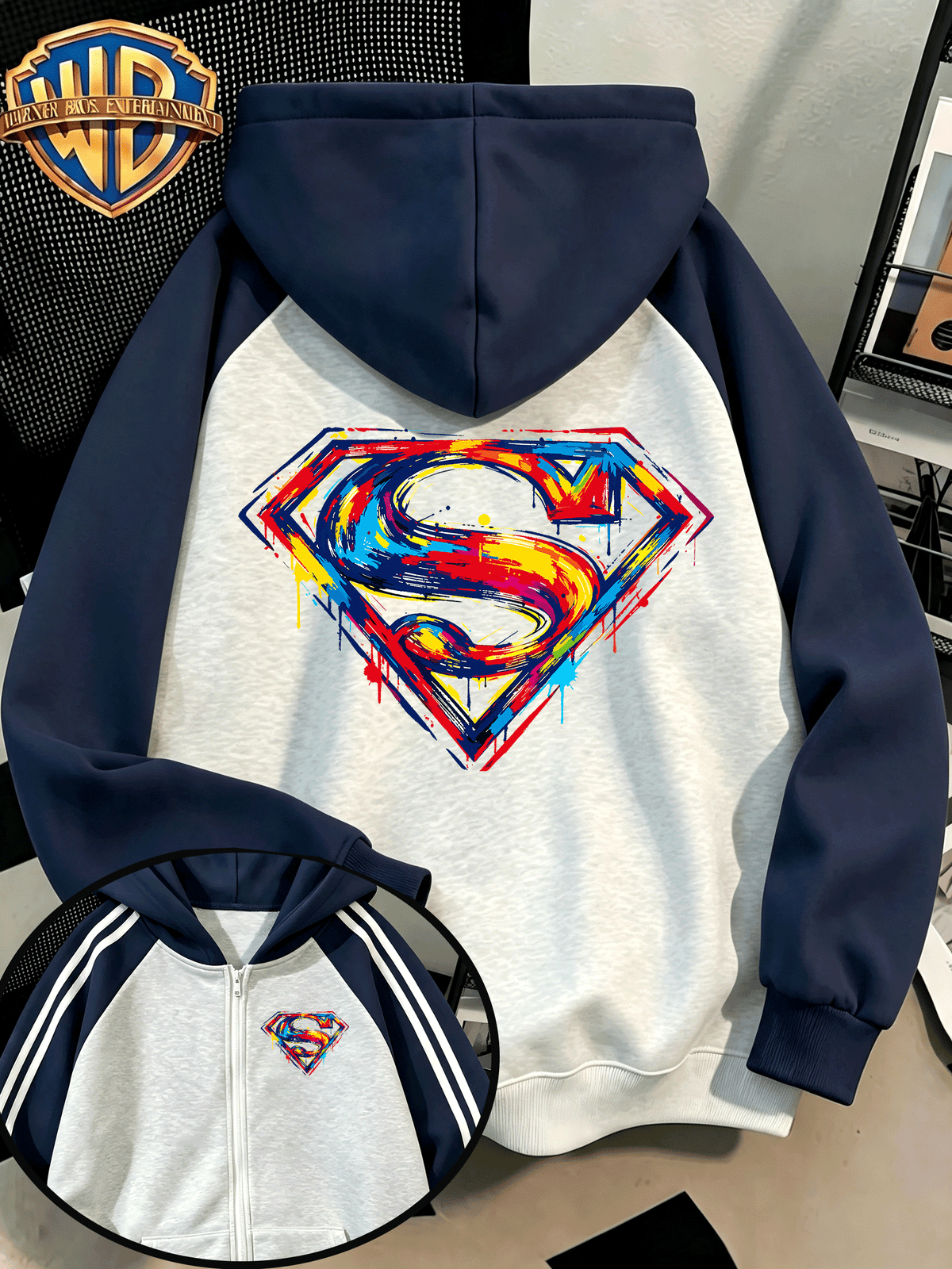 Men'S Drop Shoulder Color-Block Hooded Zipper Cardigan Sweatshirt, Multicolor Splatter Hand-Painted Superman Logo Print, Autumn/Winter Loose Contrast Striped Sporty Hoodie - Gray And Navy Blue
