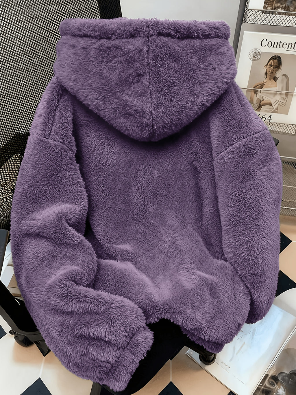 Item No.: WY260615083 Women's Autumn/Winter Loose Fit Hooded Sweatshirt, Soft and Warm Faux Hoodie, Suitable for Daily Work, Commuting, Dating, and Home Wear - Deep Purple
