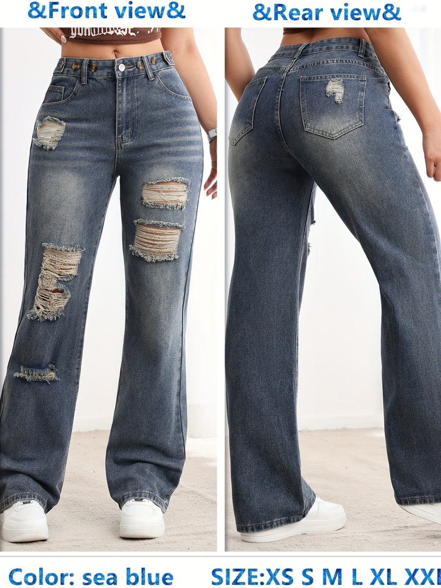 A Pair of Casual And Versatile Trousers for Daily Commuting, Adjustable Waistband, Washed Nostalgic Color Women'S Fashionable Straight Jeans - Sea Blue
