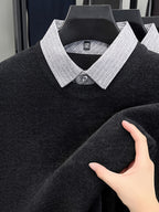 Men'S Faux Two-Piece Shirt Collar Knit Sweater, Commute Style Instant Shape, No Extra Prints, Texture-Driven Quality, Business Casual Dual Compatibility - SINBOS - Black