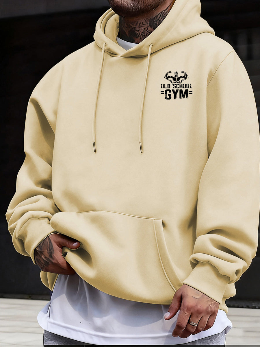 Men's Casual Sweatshirt with Letter Print, Drawstring Hood, Long Sleeve Pullover with Pocket - Apricot