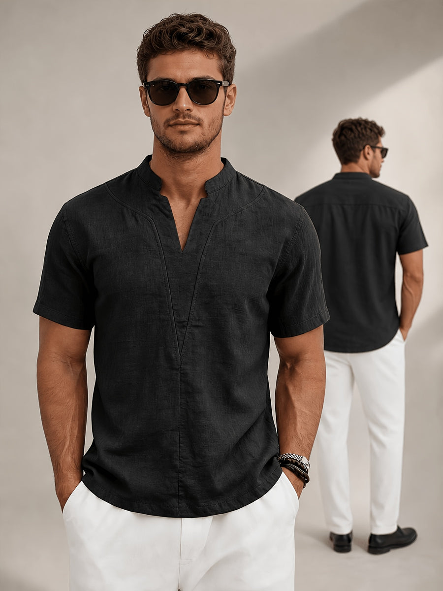 Men'S Minimalist Summer Casual Shirt, Linen Texture Short Sleeve Stand Collar V-Neck Pullover, Soft And Breathable, Loose Fit, Suitable for Business Casual, Vacation, Weekend Gatherings, And More - 1pc Black