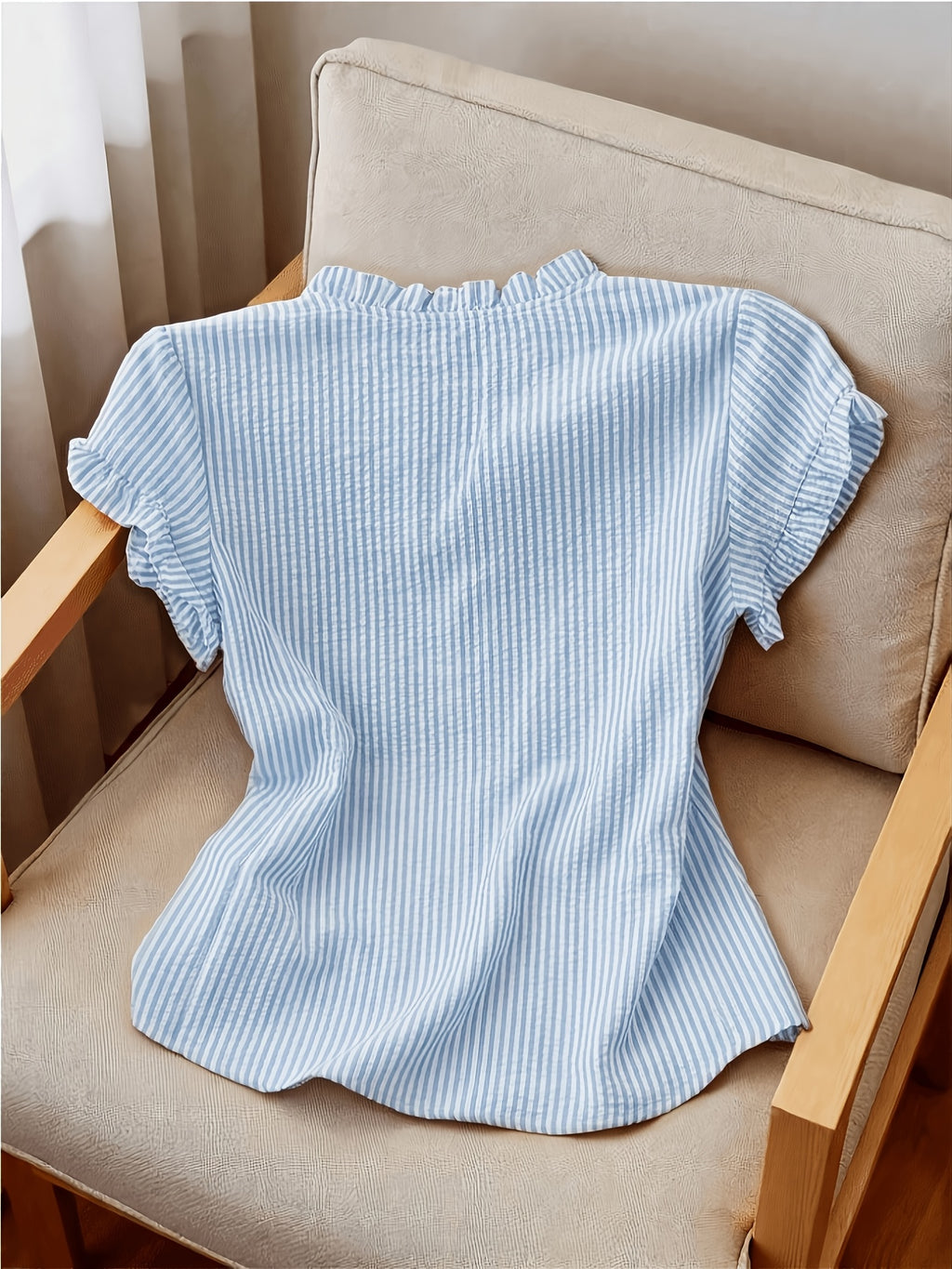 Women's Ruffle Collar Short Sleeve Single-Breasted Striped Shirt, Summer - Bright Steel Blue