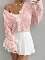 Spring 2026 Spring/Summer Women'S Handcrafted 3D Floral Embellishment Western Fashion Elegant Solid Lace Crochet Cardigan Top Jacket Women'S, Suitable for Daily Wear And Commuting, Spring Outing, All Seasons, Versatile Style - Pink Color