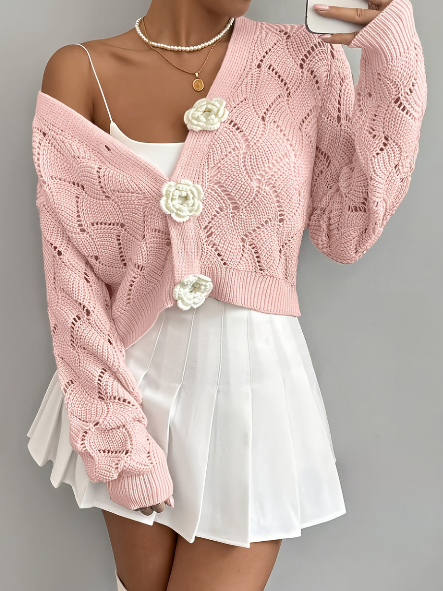 Spring 2026 Spring/Summer Women'S Handcrafted 3D Floral Embellishment Western Fashion Elegant Solid Lace Crochet Cardigan Top Jacket Women'S, Suitable for Daily Wear And Commuting, Spring Outing, All Seasons, Versatile Style - Pink Color