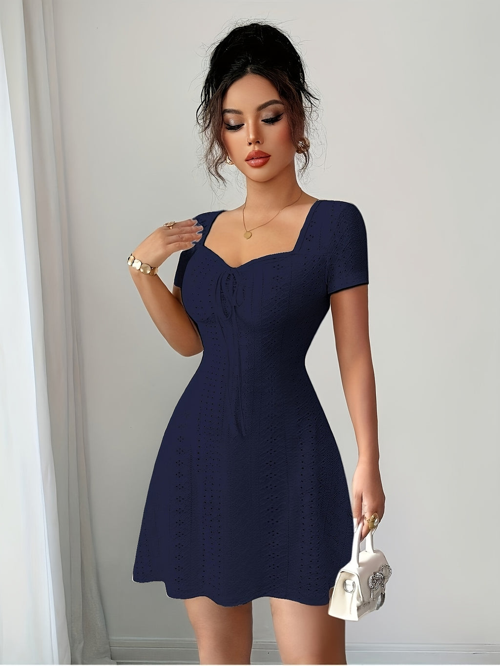 Women'S Summer Jacquard Sexy Slim Fit Mini Dress - Navy Color