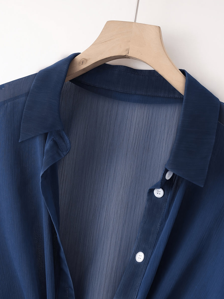 New Batwing Cardigan Short Casual Chiffon Shawl, Sunscreen Breathable Solid Color Women'S Shirt - Navy Color