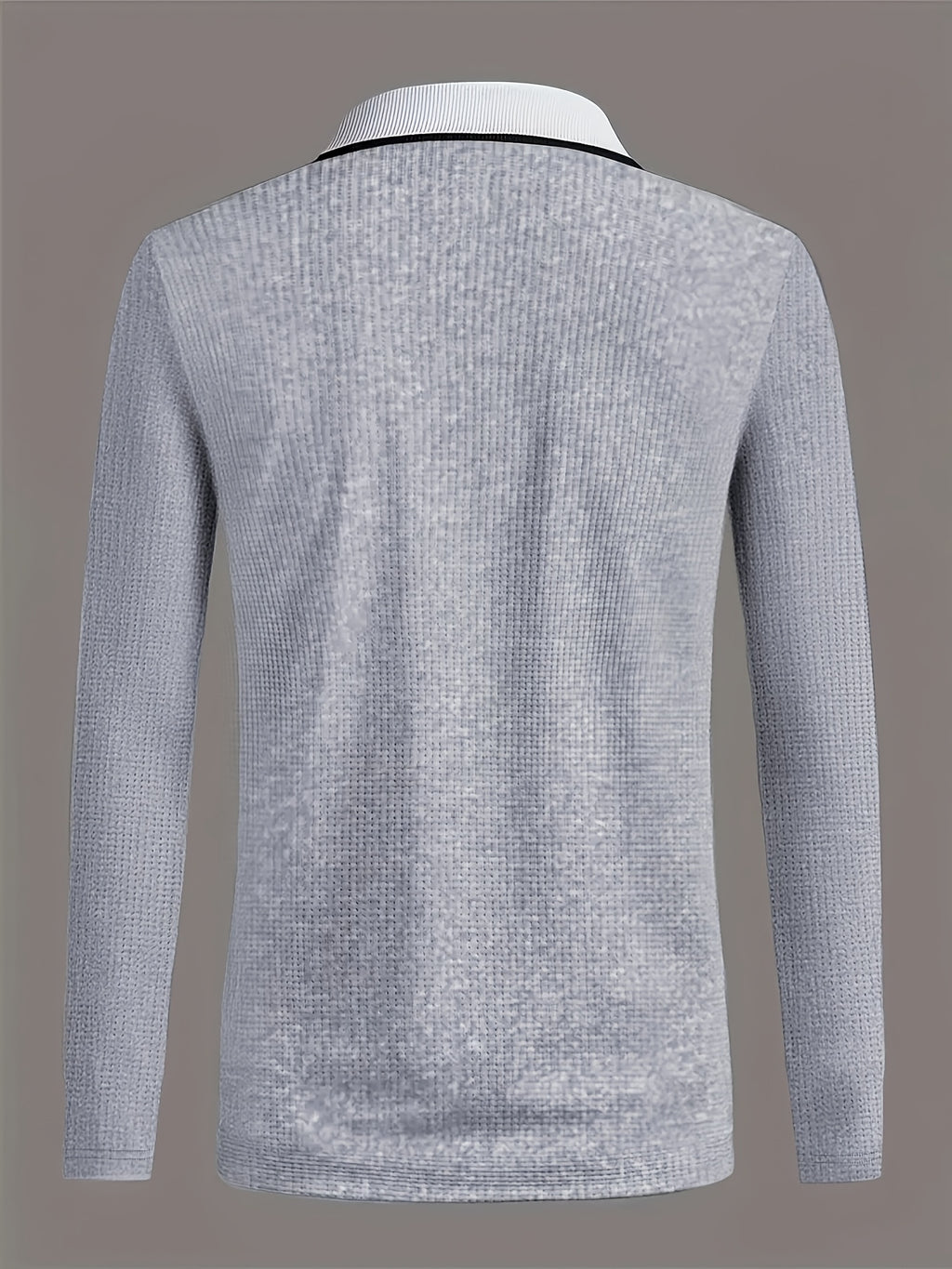 Men's waffle knit shirt paired with striped collar - breathable summer short sleeved casual long sleeved top, machine washable, suitable for outdoor and daily wear, striped pattern mix and match, smooth edge treatment, waffle texture fabric - Silvery Grey